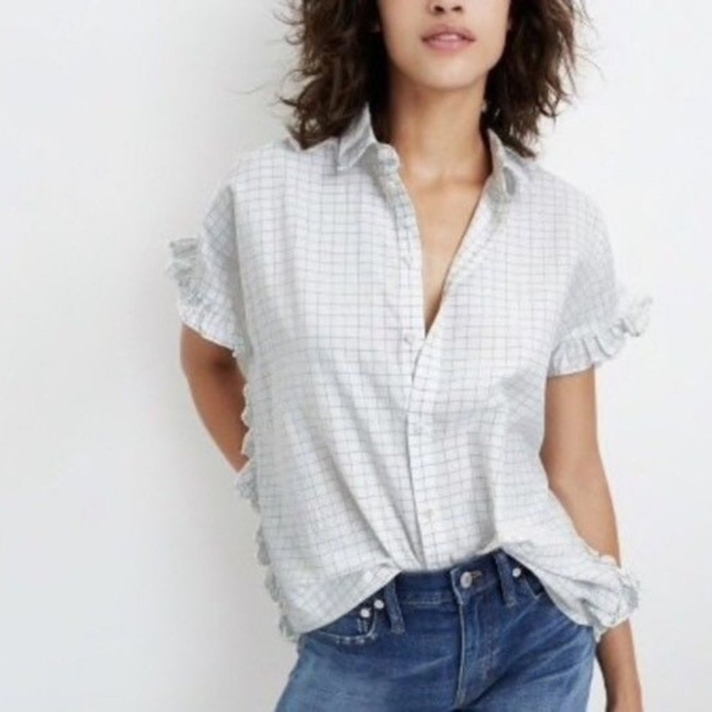 Madewell Windowpane Ruffle-Side Shirt Sz M